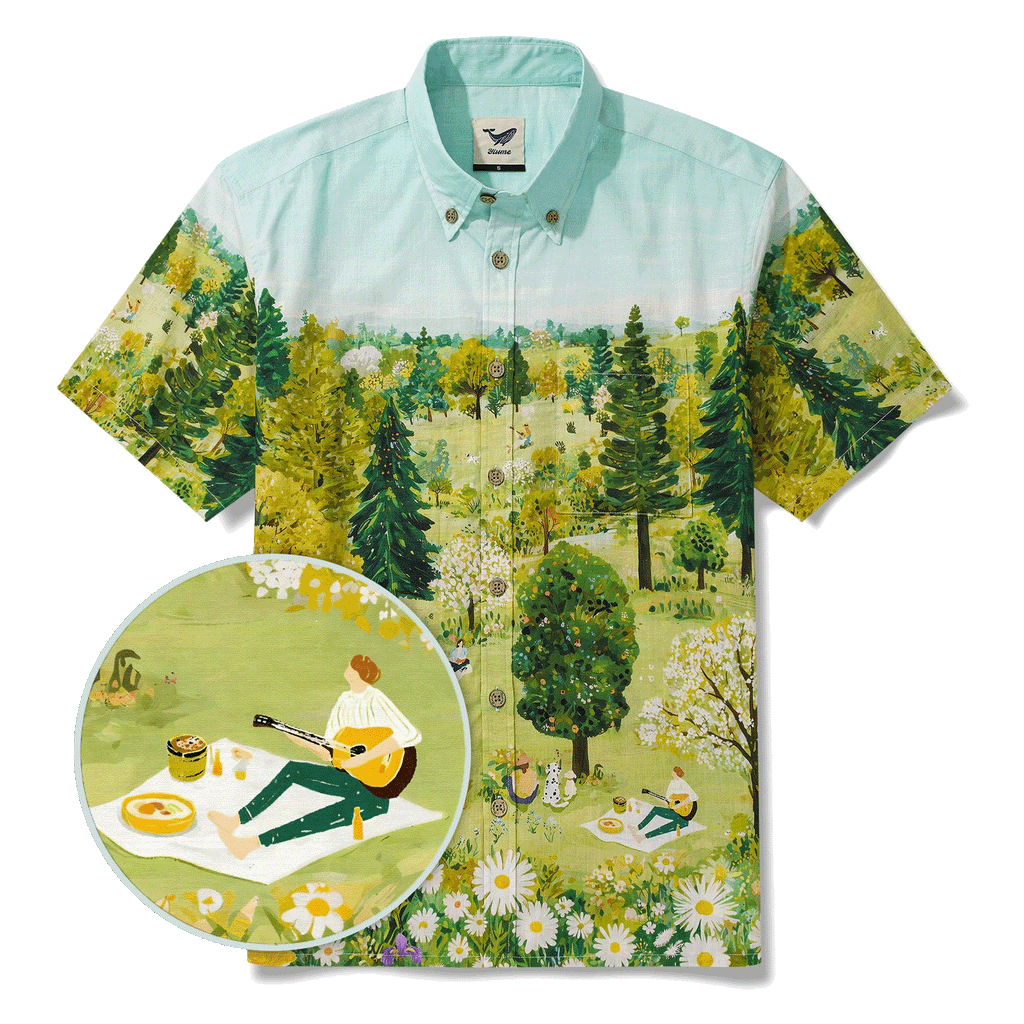 Men's Hawaiian Shirt Short Sleeve Button-down 100% Cotton Green Aloha Daisy Meadow Picnic By Cigar
