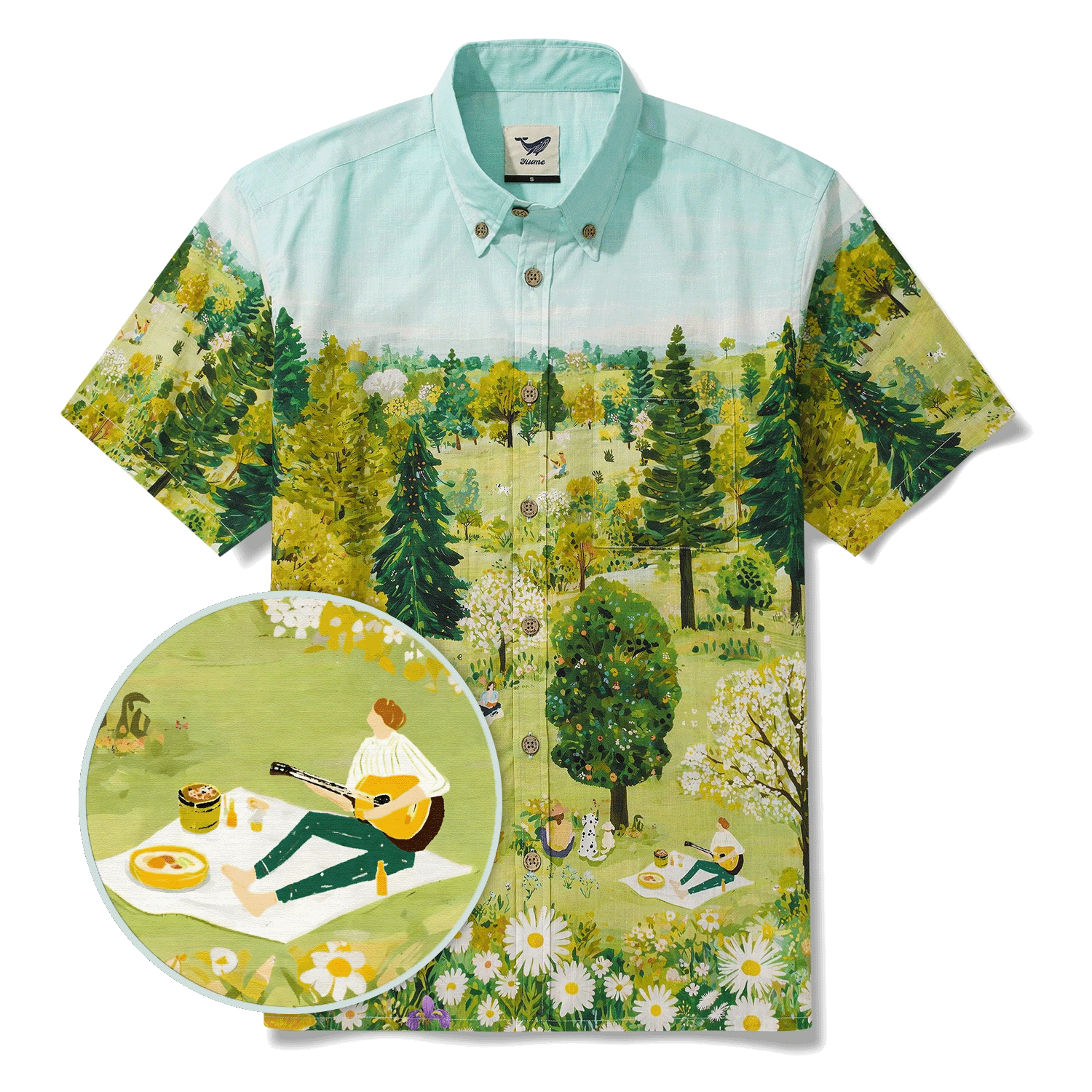 Men's Hawaiian Shirt Short Sleeve Button-down 100% Cotton Green Aloha Daisy Meadow Picnic By Cigar
