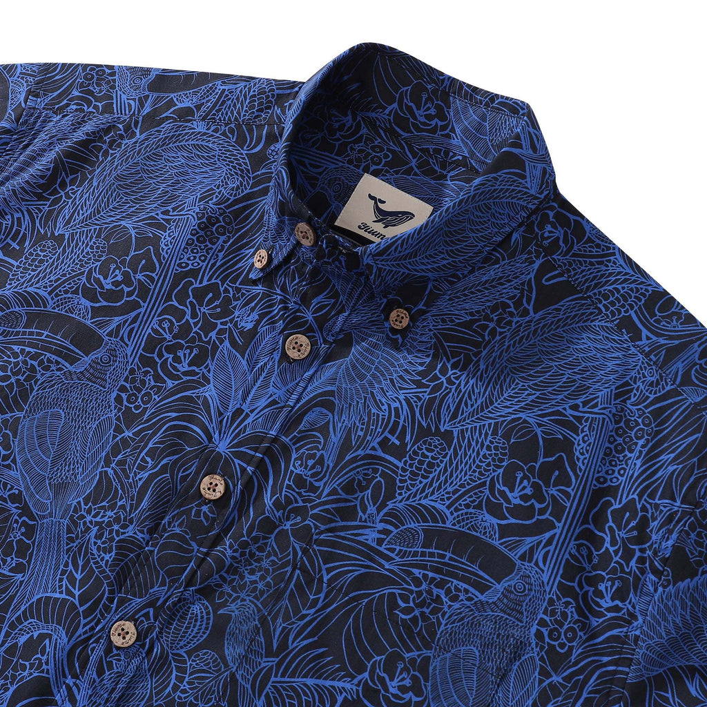 Dark Blue Tropical Hawaiian Shirt For Men Short Sleeve Button-down Shirt 100% Cotton Shirt By Sun