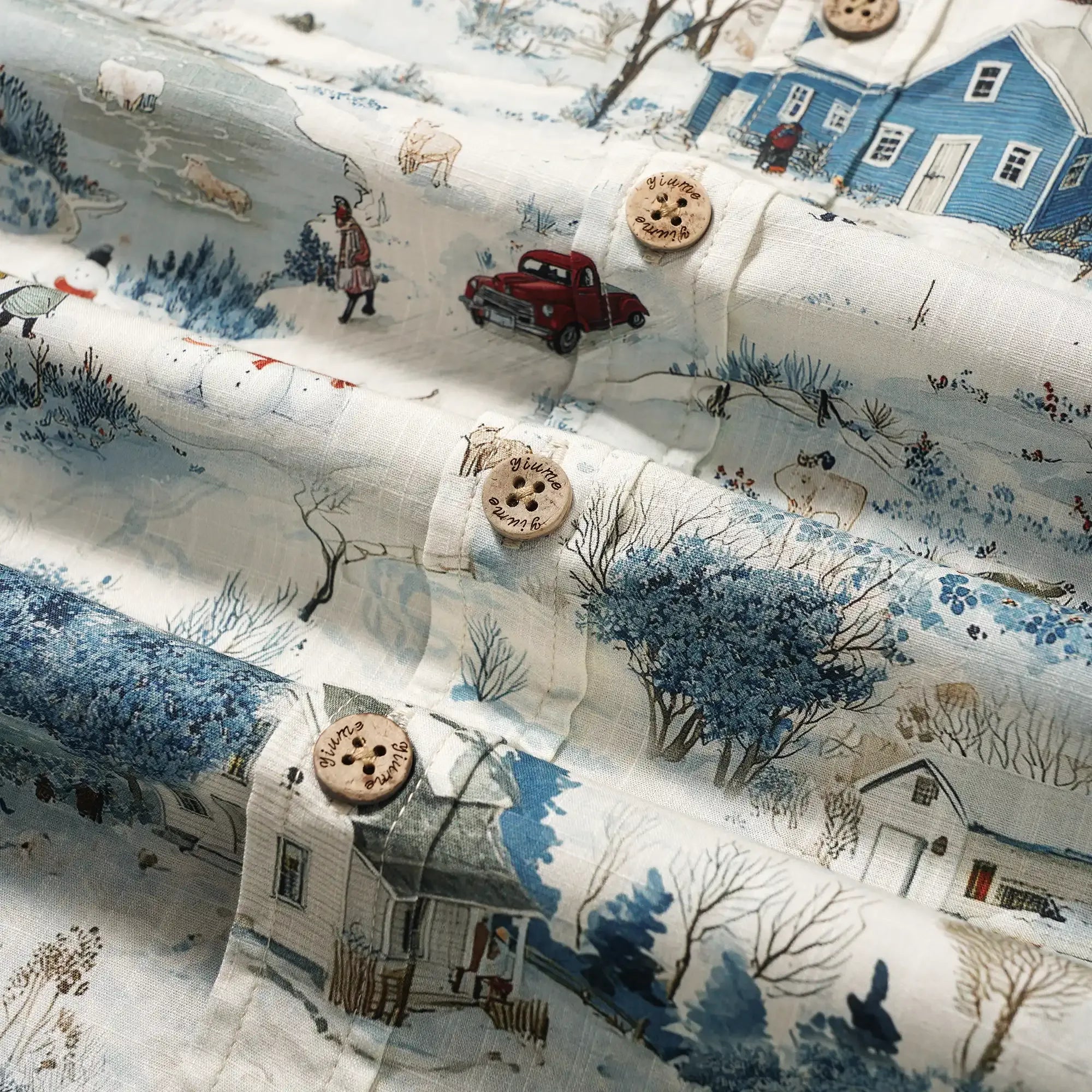 Men's Hawaiian Shirt Short Sleeve Button-down 100% Cotton Blue Aloha Snowy Countryside Chronicles By Huan huan