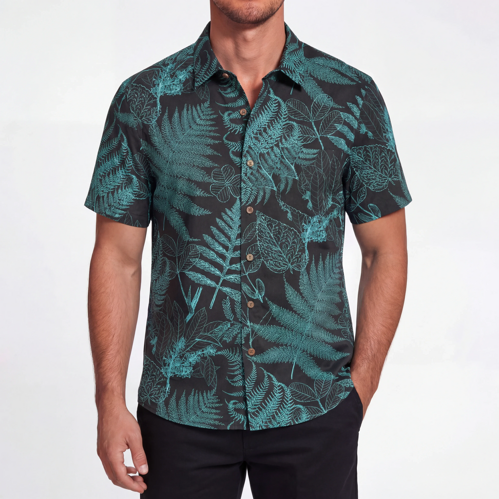 LeosWare® Men's Hawaiian Shirt Short Sleeve Button-up 100% Cotton Blue Aloha Hidden Forest Fern By Ann