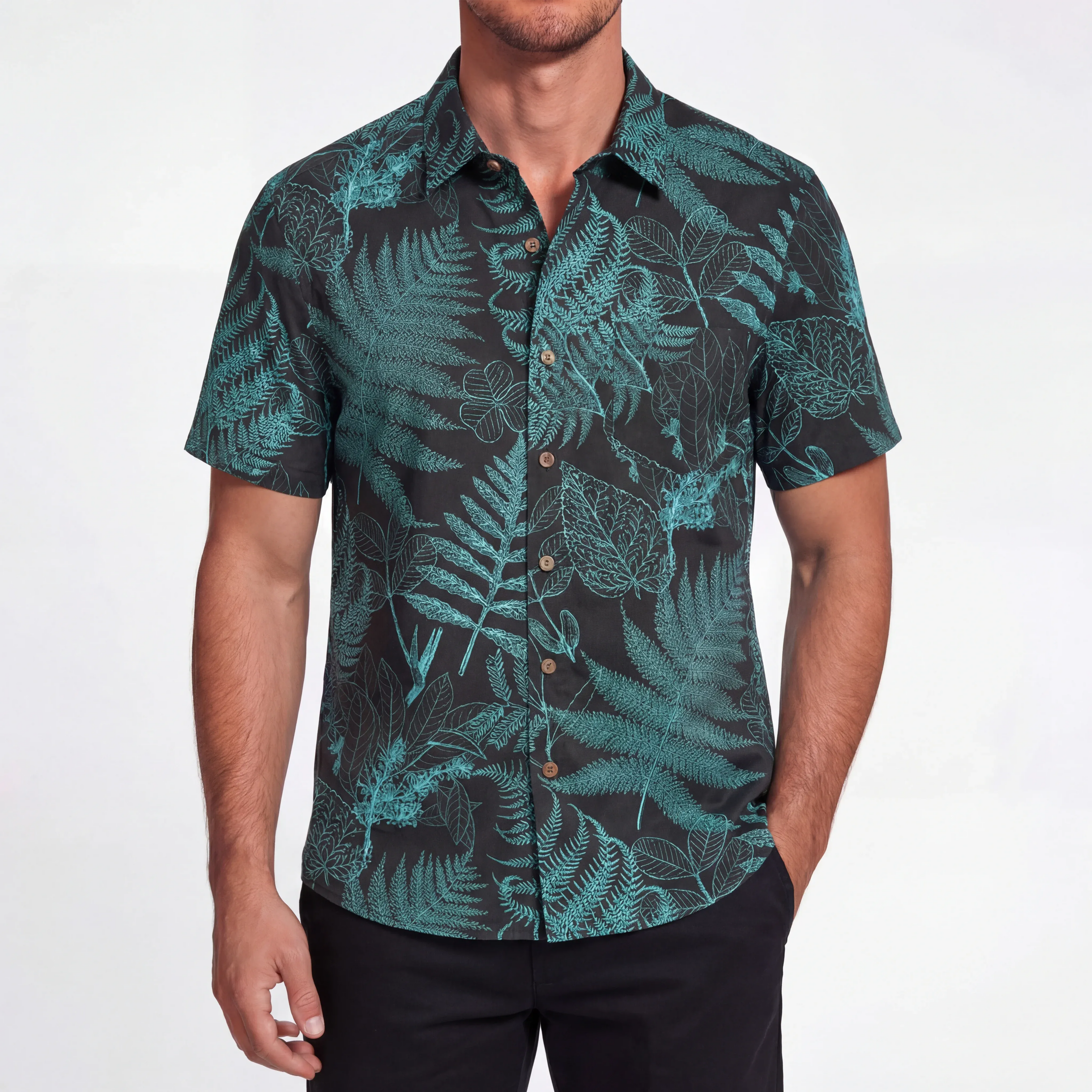 LeosWare® Men's Hawaiian Shirt Short Sleeve Button-up 100% Cotton Blue Aloha Hidden Forest Fern By Ann