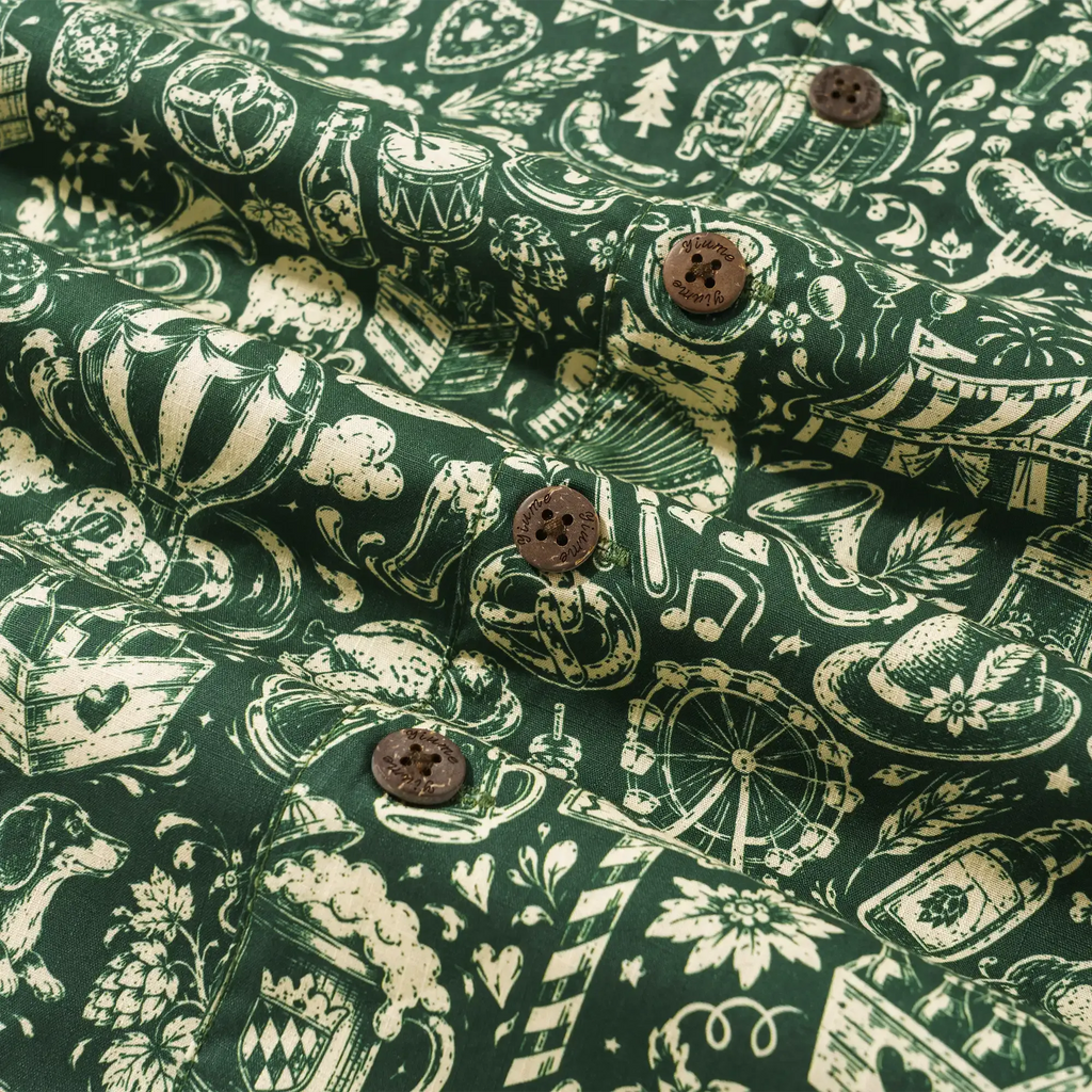 Men's Hawaiian Shirt Short Sleeve Camp Collar 100% Cotton Green Aloha Vintage Beer Festival Cheer - Green By Cigar