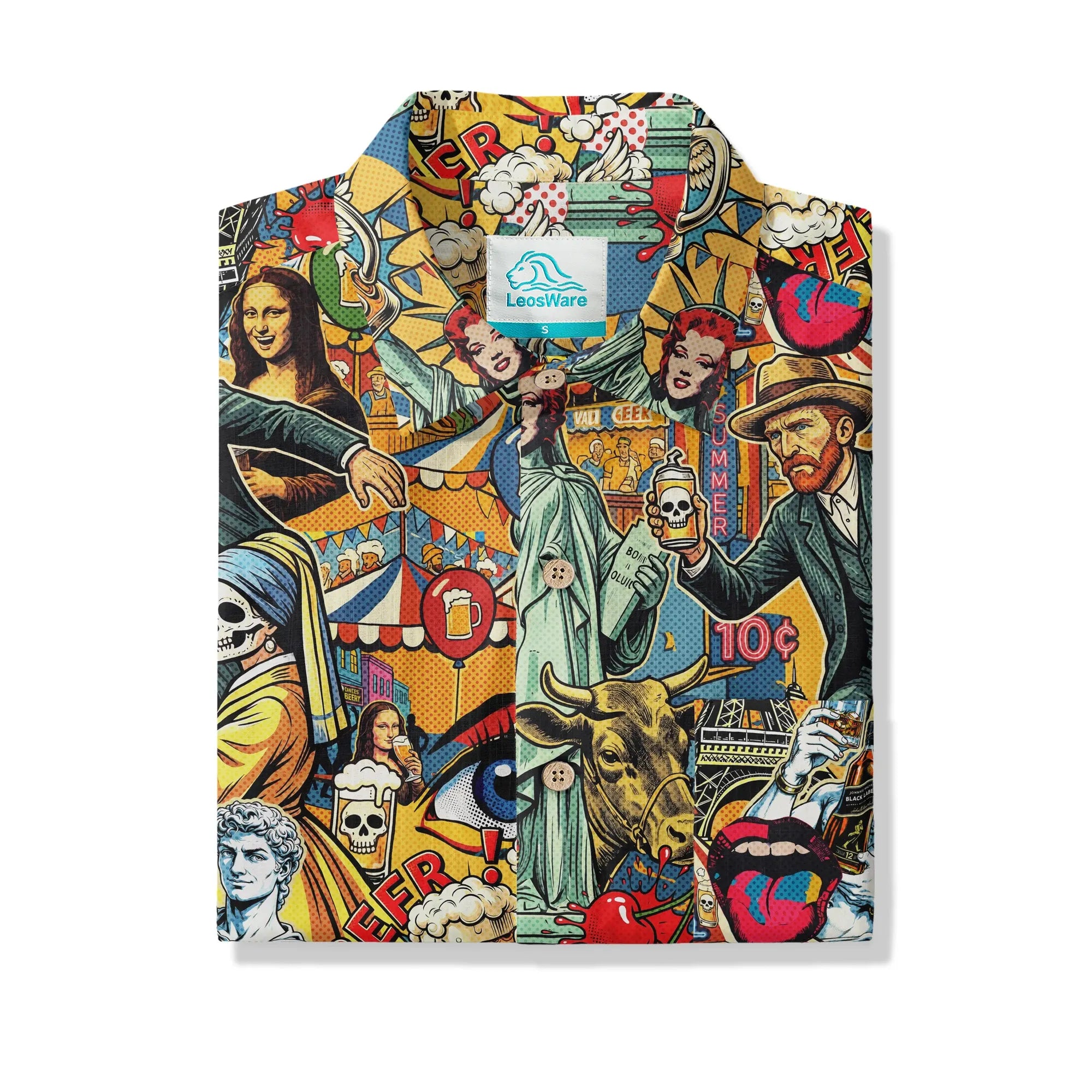 LeosWare® Men's Hawaiian Shirt Short Sleeve Button-up 100% Cotton Green Aloha Art & Beer Pop Collage By Huan huan