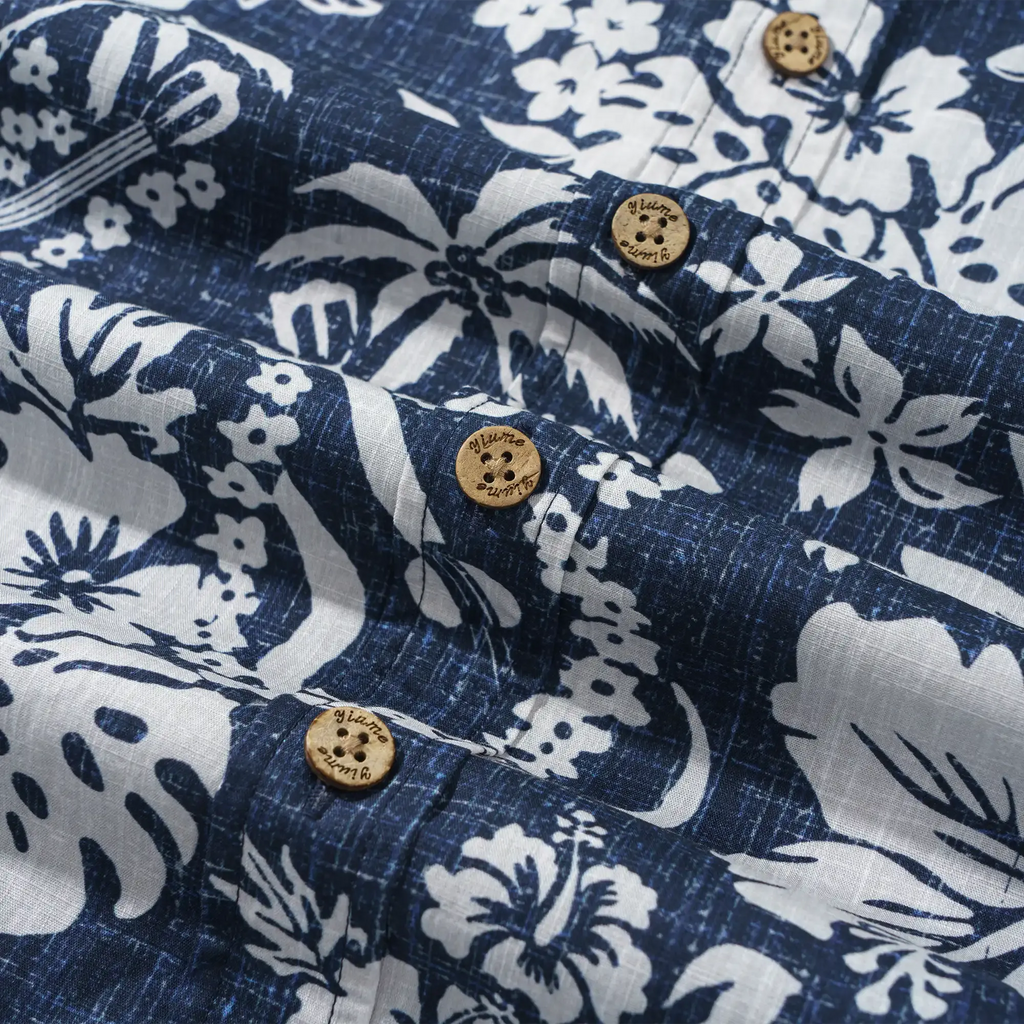 Men's Hawaiian Shirt Short Sleeve Button-down 100% Cotton Blue Aloha Island Ukulele By DUDU