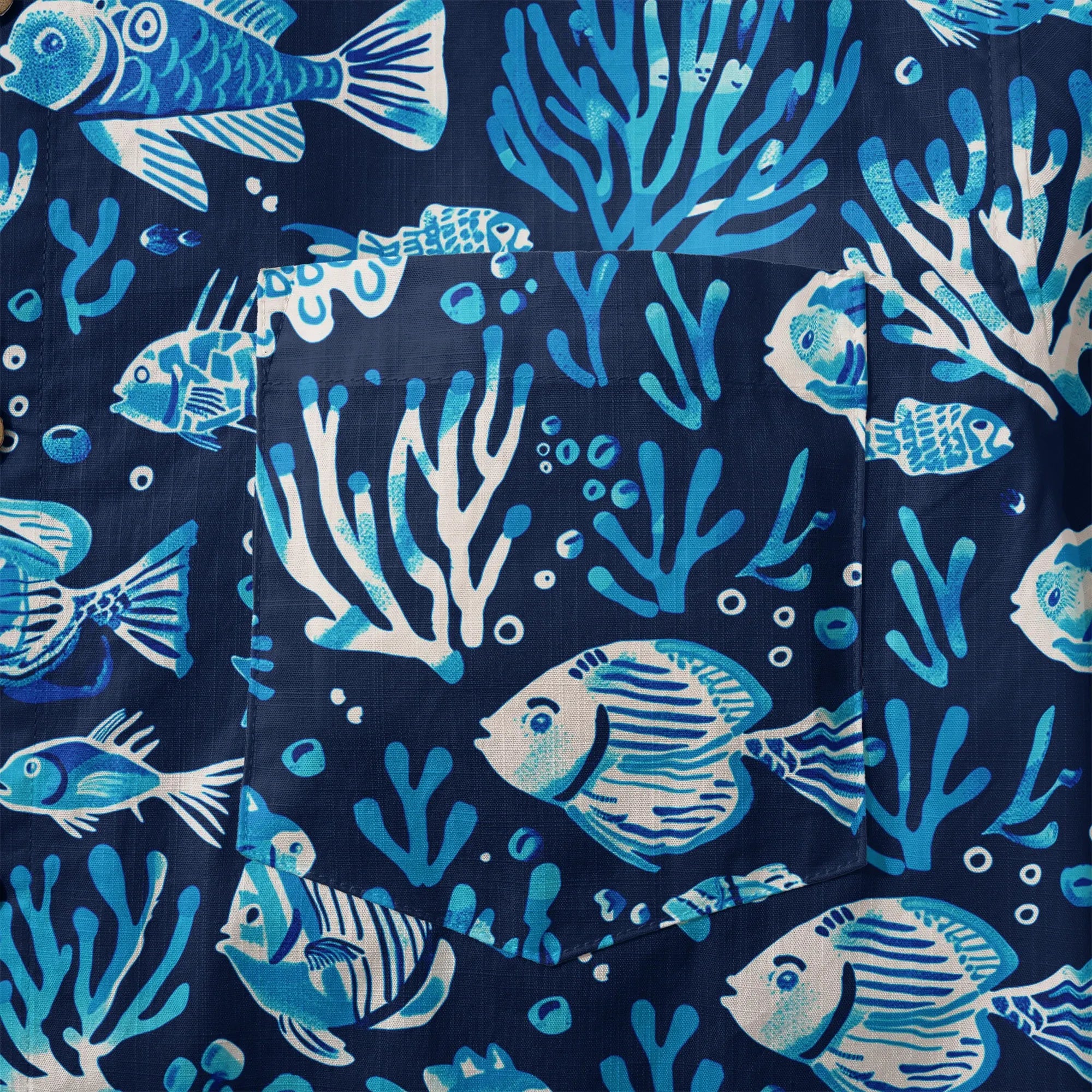LeosWare® Men's Hawaiian Shirt Short Sleeve Button-up 100% Cotton Blue Coral Aloha Deep Blue Fish Whisper By Ann