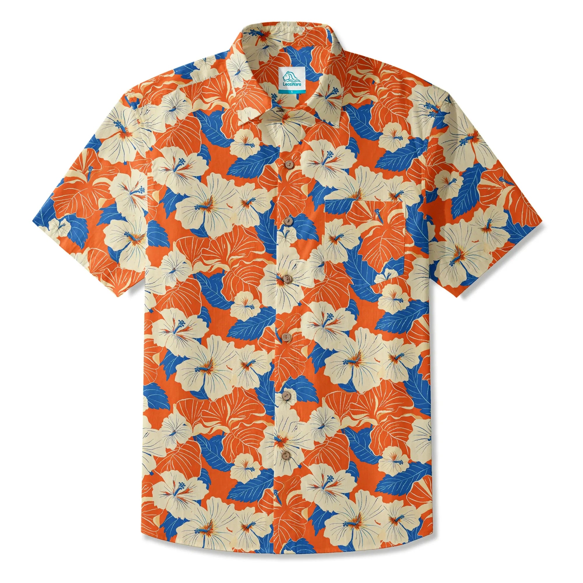 LeosWare® Men's Hawaiian Shirt Short Sleeve Button-up 100% Cotton Orange Aloha Orange Blue Hibiscus Whispers By Ann