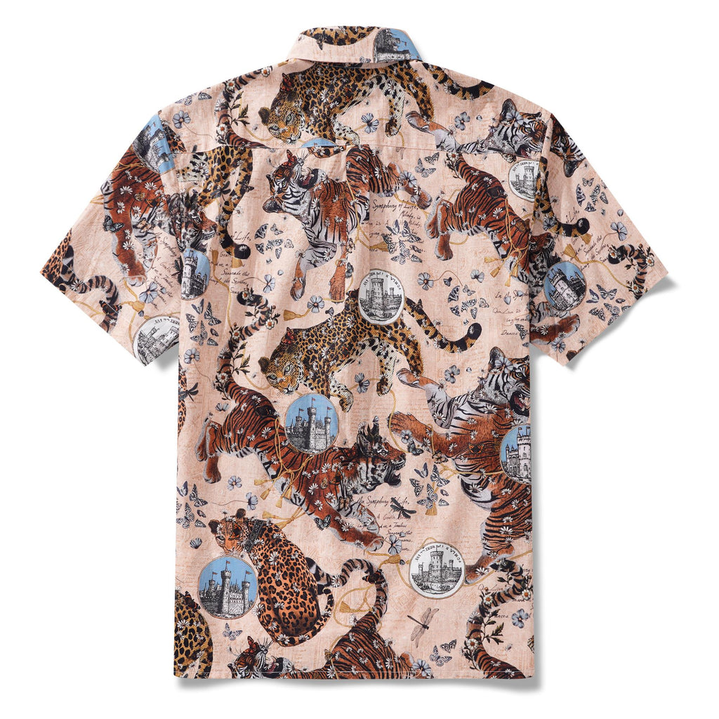 Men's Hawaiian Shirt Short Sleeve Button-down 100% Cotton Beige Aloha Wild Romance By Zeke