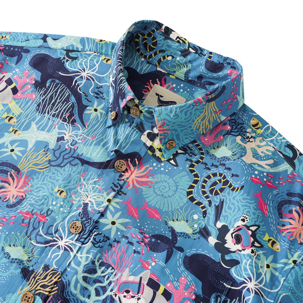 Men's Blue Hawaiian Shirt Fish & Turtle Shirt Short Sleeve Button-down 100% Cotton Blue Aloha Dive Pup By Zeke