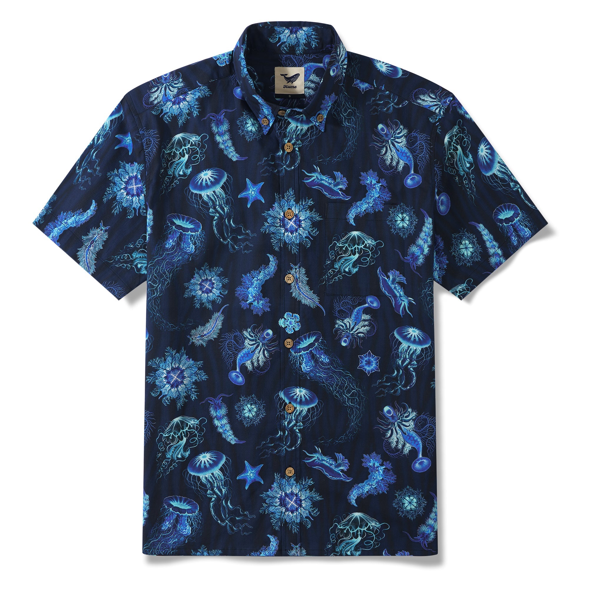 Symphony of the Deep Blue 100% Cotton Men's Short Sleeve Button-down Shirt Blue Aloha Hawaiian By Susie
