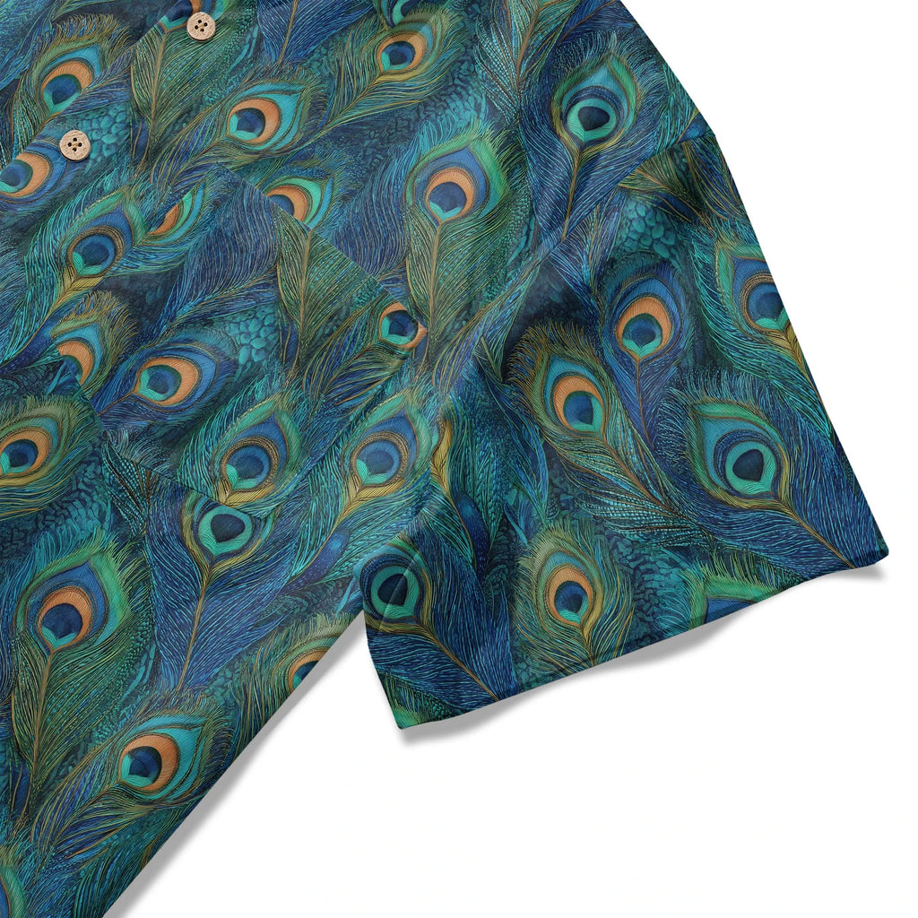 LeosWare® Peacock Men's Hawaiian Shirt Short Sleeve Button-up 100% Cotton Blue Aloha Indigo Feathered Elegance By Ann