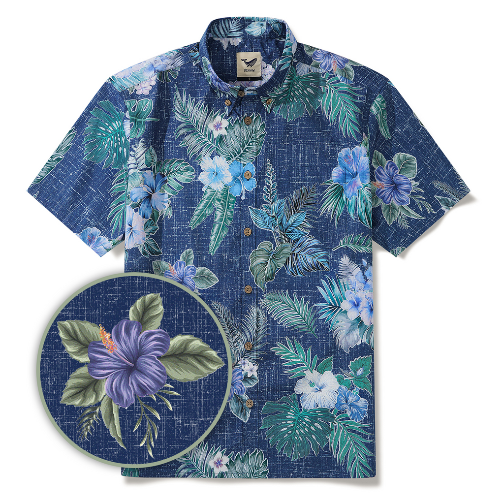 Men's Hawaiian Shirt Short Sleeve Button-down 100% Cotton Green Aloha Tranquil Blue Blossoms By Yakima
