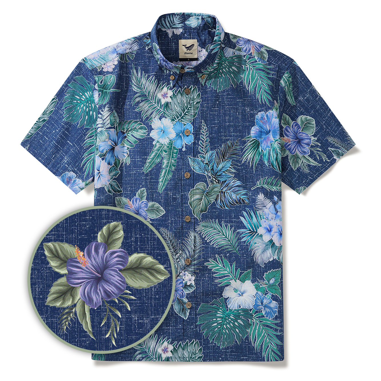 Men's Hawaiian Shirt Short Sleeve Button-down 100% Cotton Green Aloha Tranquil Blue Blossoms By Yakima
