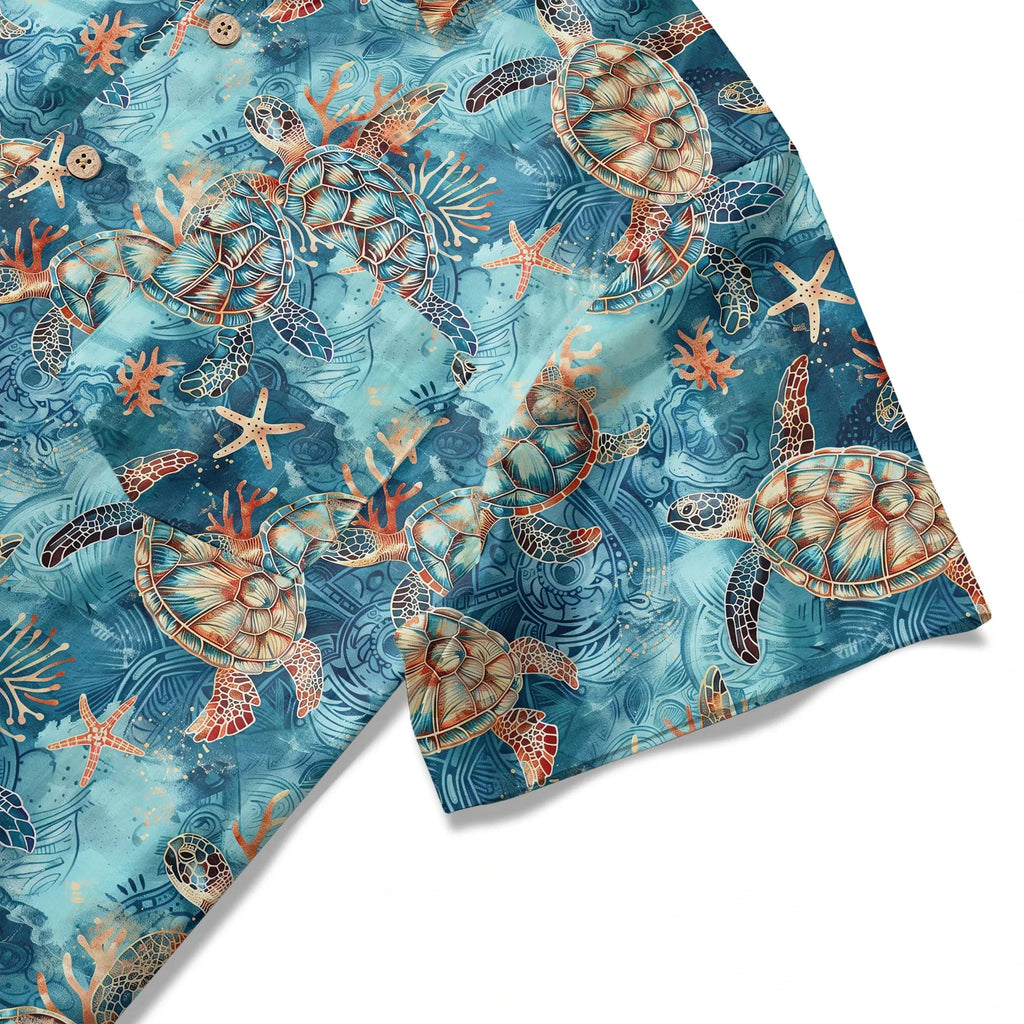 Chemise hawaïenne pour homme LeosWare® à manches courtes avec boutons 100 % coton bleu Aloha tortue dorée mer par Ann