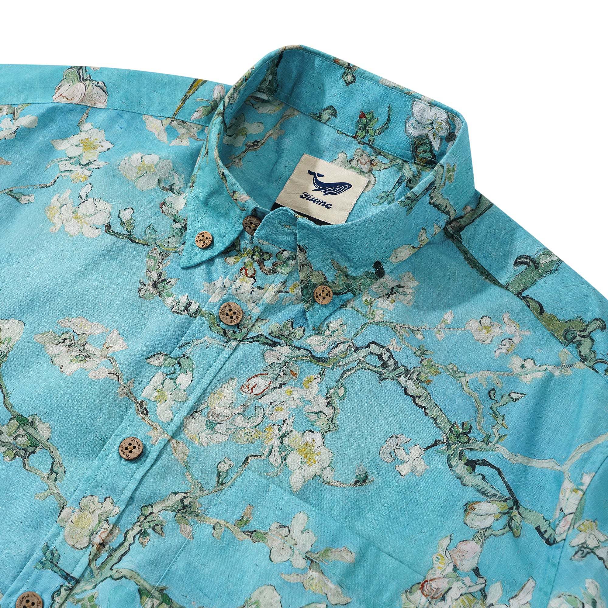 Men's Hawaiian Shirt Short Sleeve Button-down 100% Cotton Green Aloha Blossoming Almond By Sun