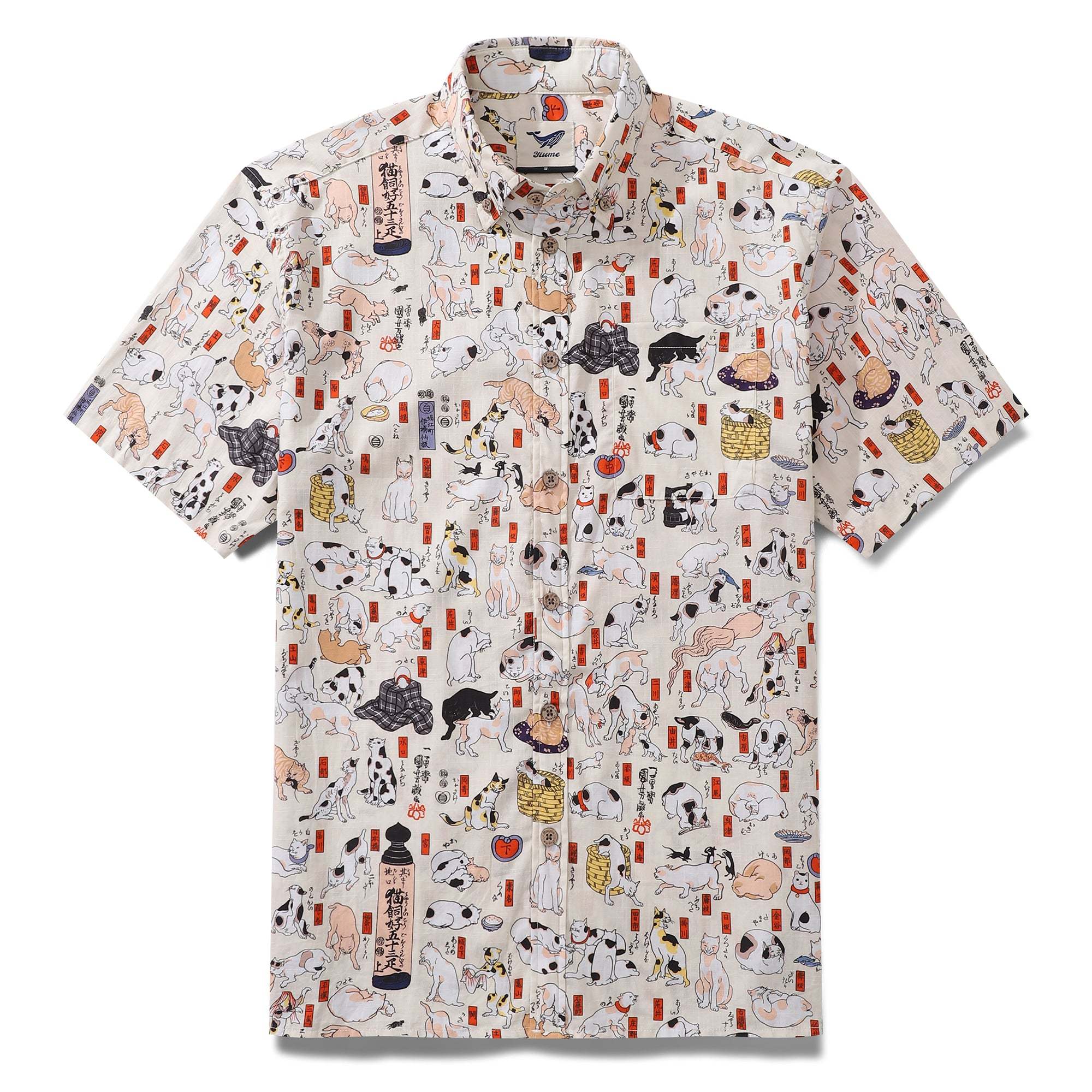Cotton Hawaiian Shirt For Men Cat Button-down Shirt Short Sleeve Aloha Shirt Tokaido 53 Station Cats By Yakima