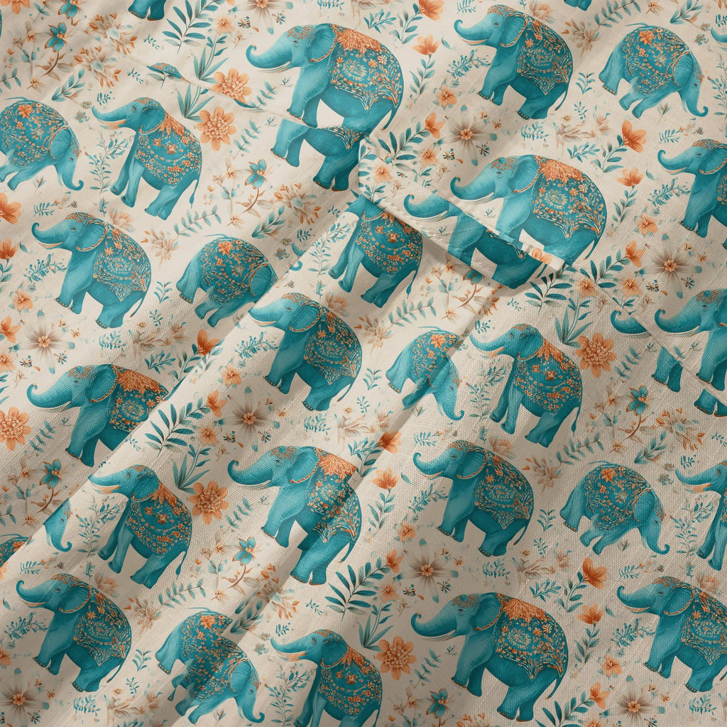 Elephant LeosWare® Men's Hawaiian Shirt Short Sleeve Button-up 100% Cotton Beige Aloha Blue Elephant Blossoms By Ann