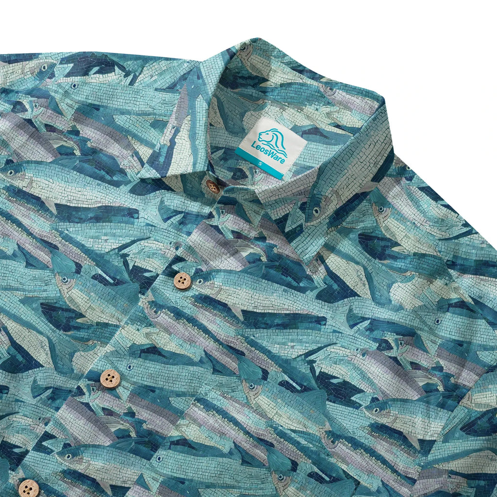 LeosWare® Men's Hawaiian Shirt Short Sleeve Button-up 100% Cotton Blue Aloha Mosaic Of Blue School Of Fish By Ann