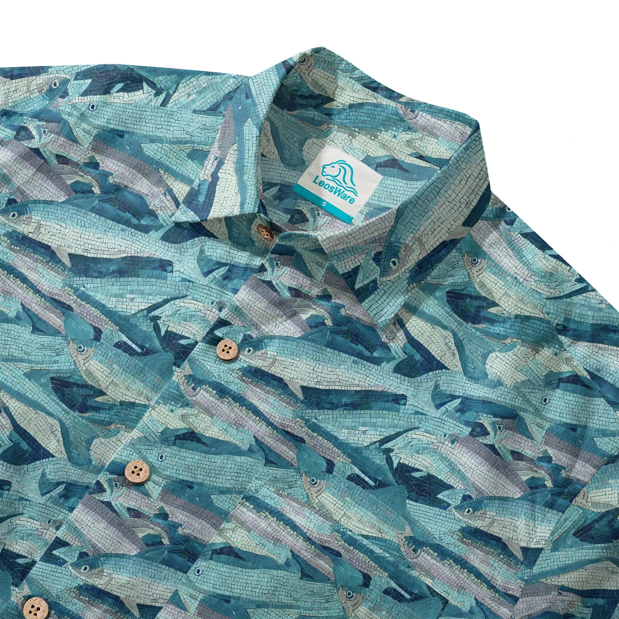 LeosWare® Men's Hawaiian Shirt Short Sleeve Button-up 100% Cotton Blue Aloha Mosaic Of Blue School Of Fish By Ann