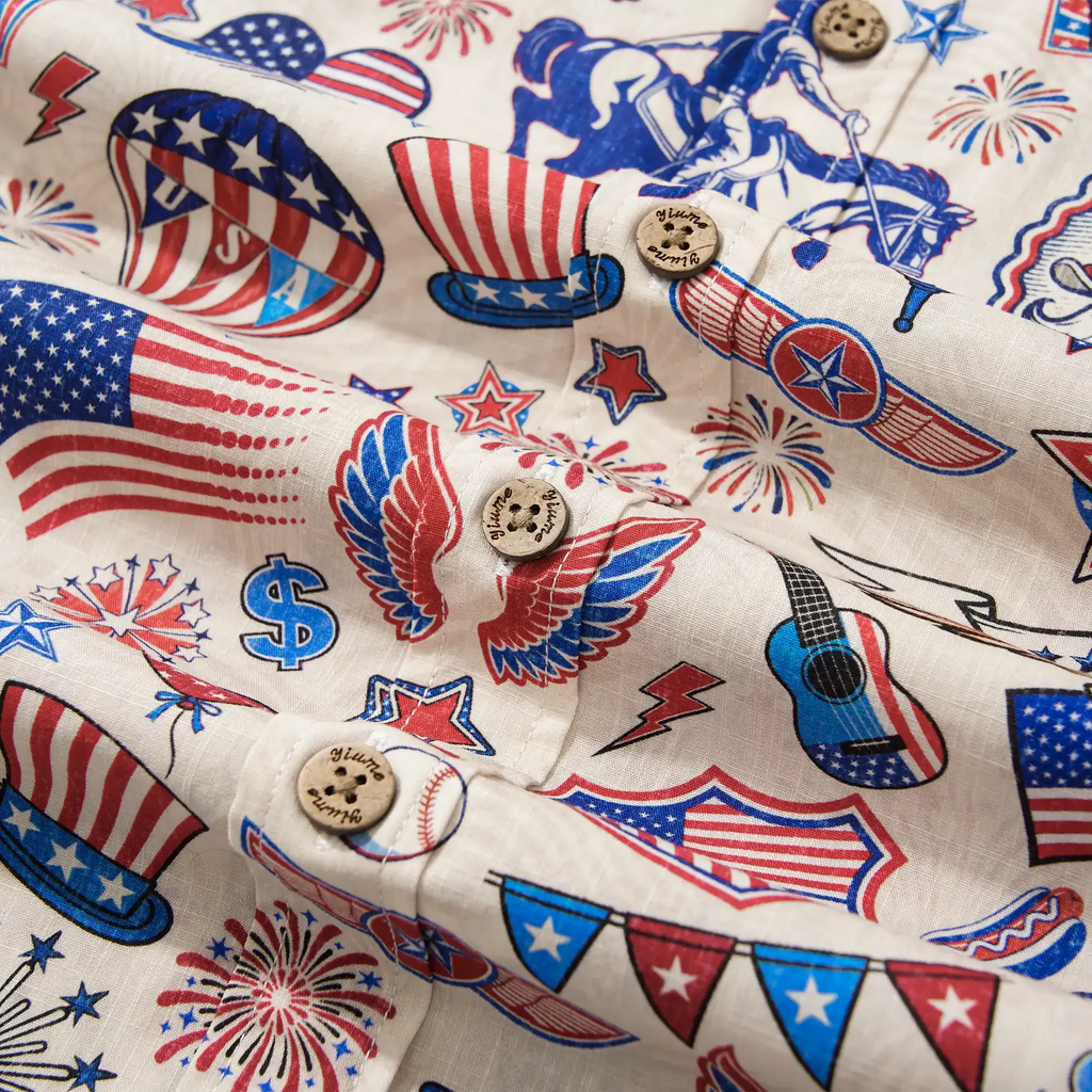 Men's Hawaiian Shirt Short Sleeve Button-down 100% Cotton Blue Red Aloha Liberty’s Patriot Canvas By Cigar