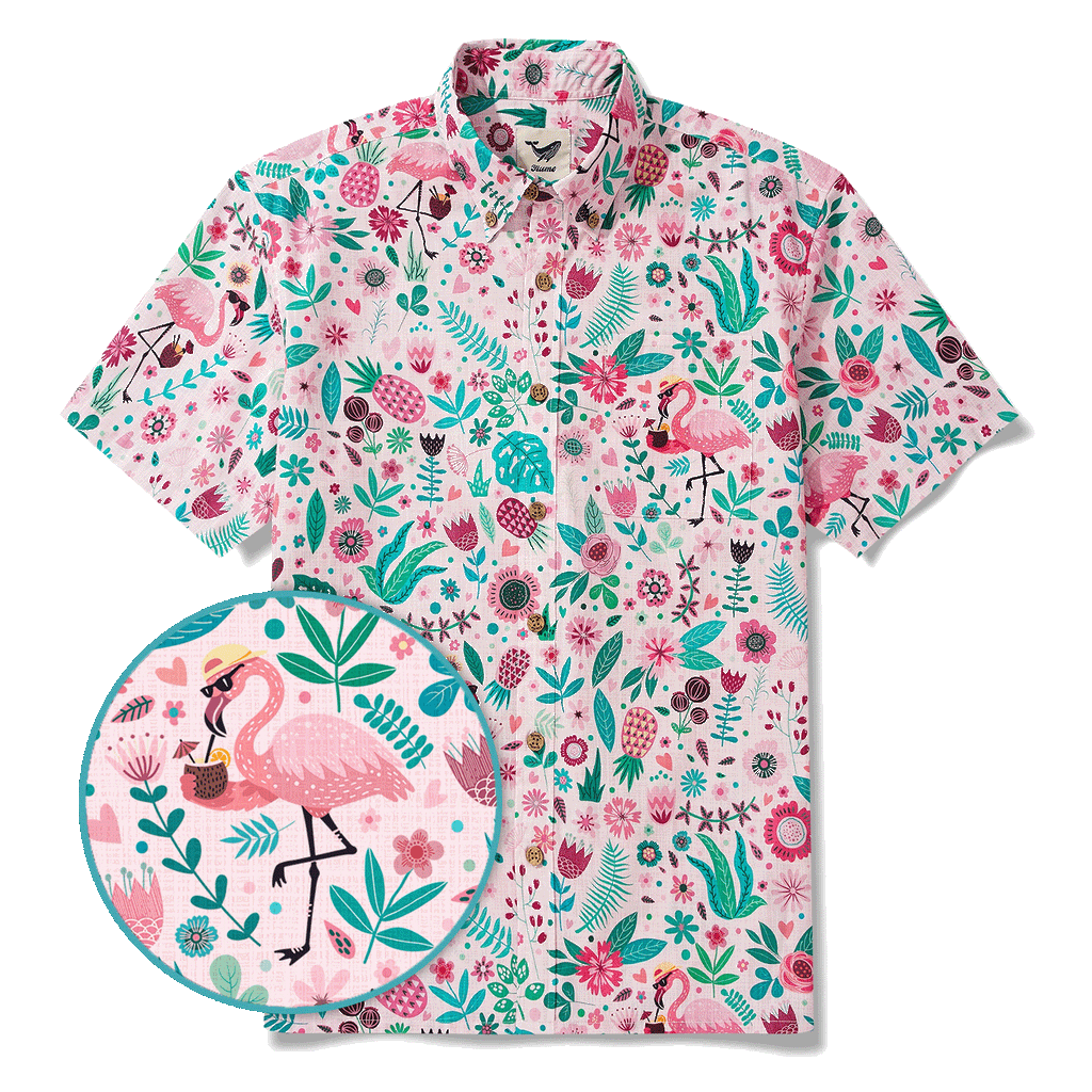 Men's Hawaiian Shirt Short Sleeve Button-down 100% Cotton Aloha Flamingo Petal Escape Flamingo By Cigar