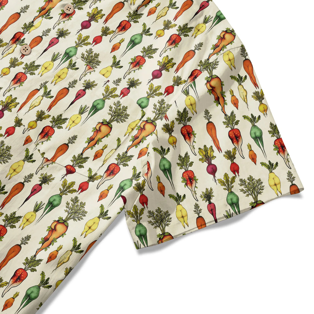 LeosWare® Carrot Men's Hawaiian Shirt Short Sleeve Button-up 100% Cotton Beige Aloha Bootylicious Veggie Bash By Ann