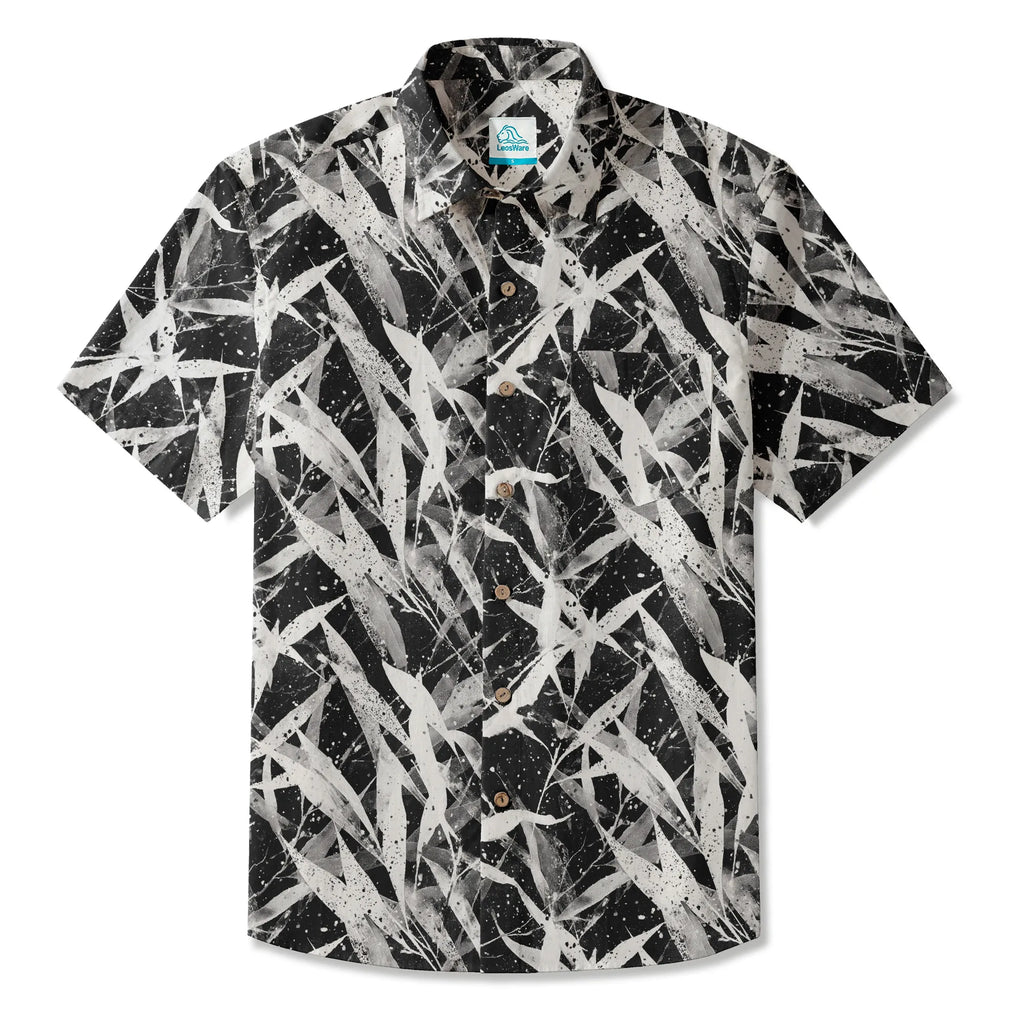 LeosWare® Men's Hawaiian Shirt Short Sleeve Button-up 100% Cotton Black Aloha Snow Falling Among The Bamboo By Ann