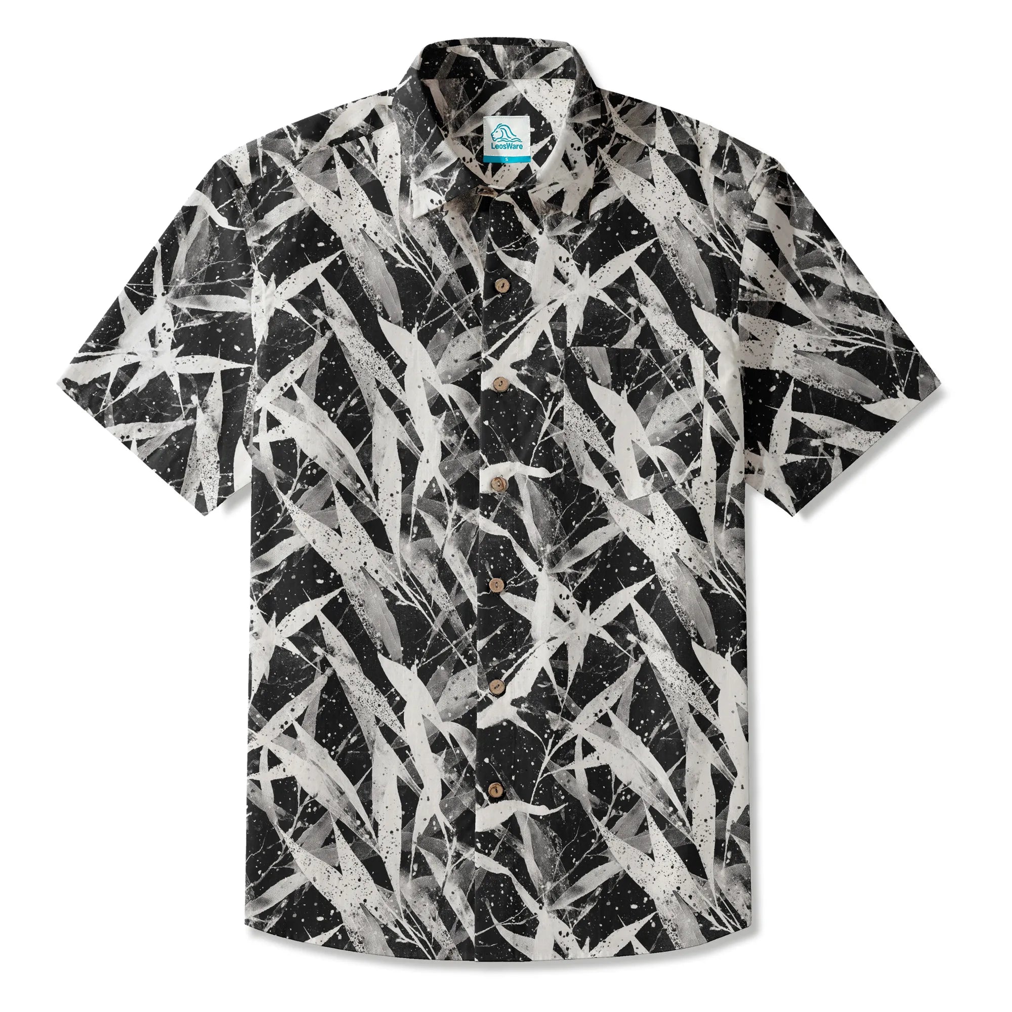 LeosWare® Men's Hawaiian Shirt Short Sleeve Button-up 100% Cotton Black Aloha Snow Falling Among The Bamboo By Ann