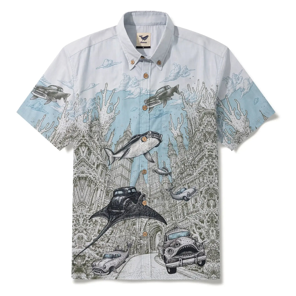Men's Hawaiian Shirt Short Sleeve Button-down 100% Cotton Blue Aloha Atlantis Coral Cruisers By Cigar