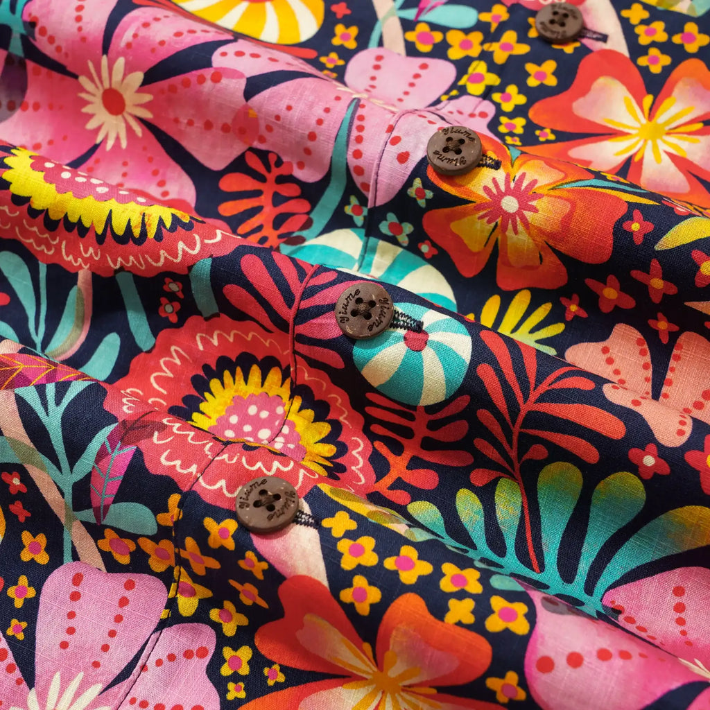 Men's Hawaiian Shirt Short Sleeve Camp Collar 100% Cotton Blue Aloha Multicolor Super Bloom By Uta Krogmann