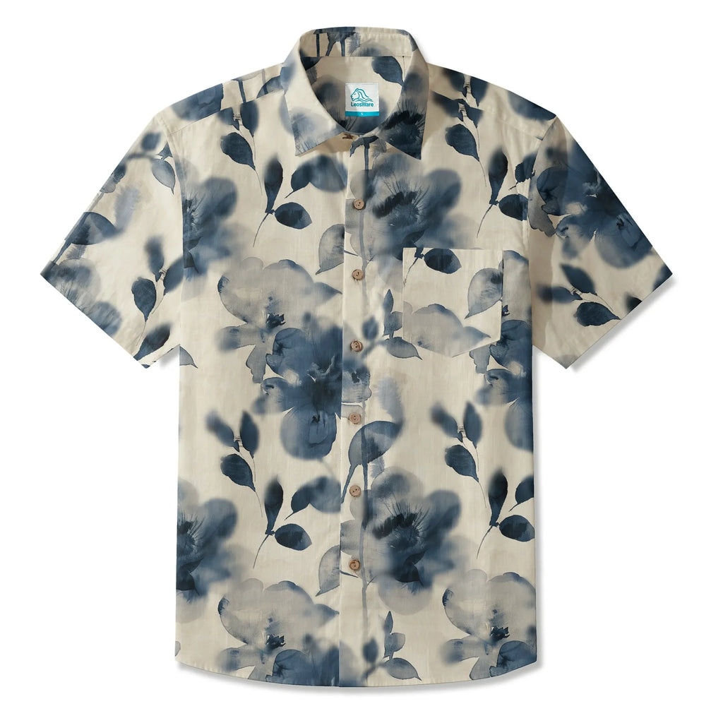 LeosWare® Men's Hawaiian Shirt Short Sleeve Button-up 100% Cotton Blue Aloha Blue And White Ink Charm By Ann