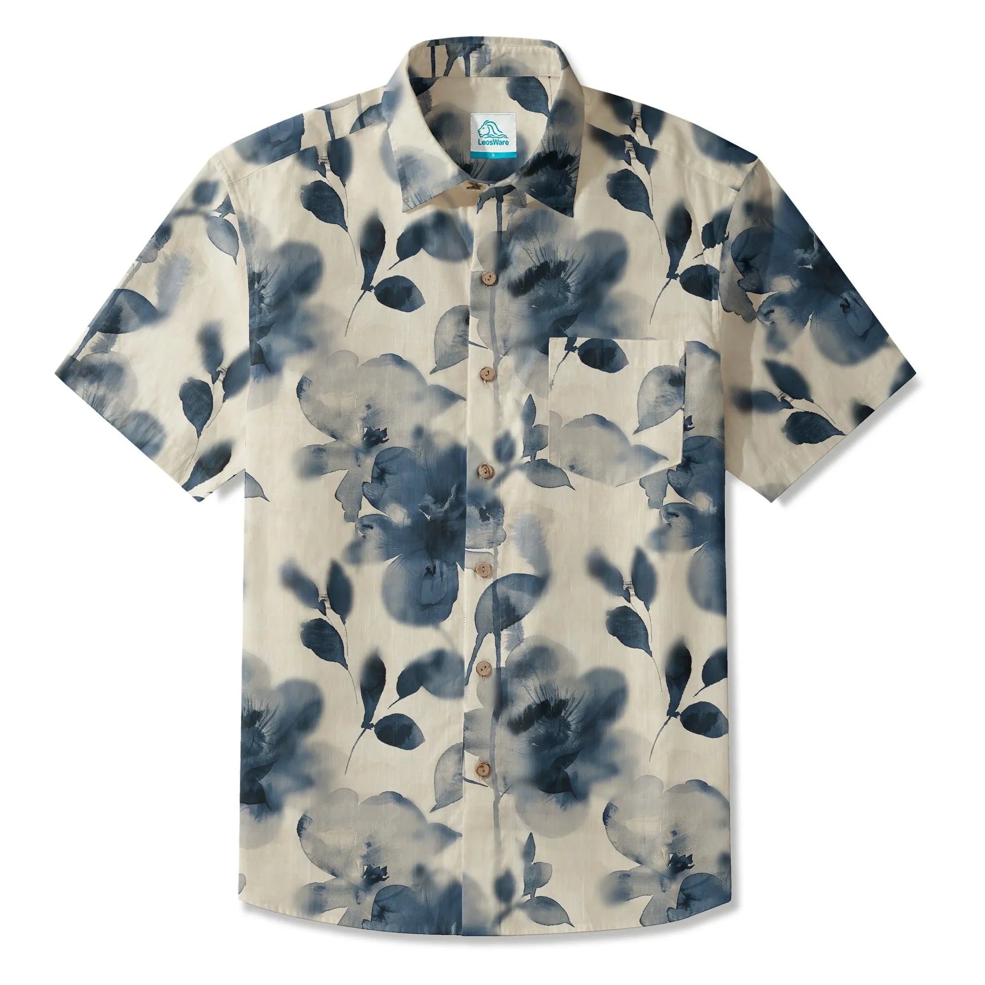 LeosWare® Men's Hawaiian Shirt Short Sleeve Button-up 100% Cotton Blue Aloha Blue And White Ink Charm By Ann
