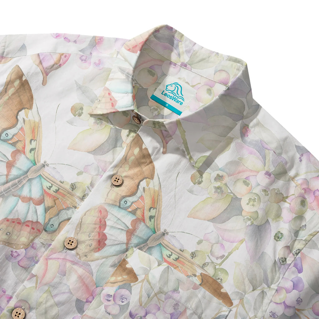 LeosWare® Men's Hawaiian Shirt Short Sleeve Button-up 100% Cotton Yellow Aloha Butterflies In The Garden By Huan huan