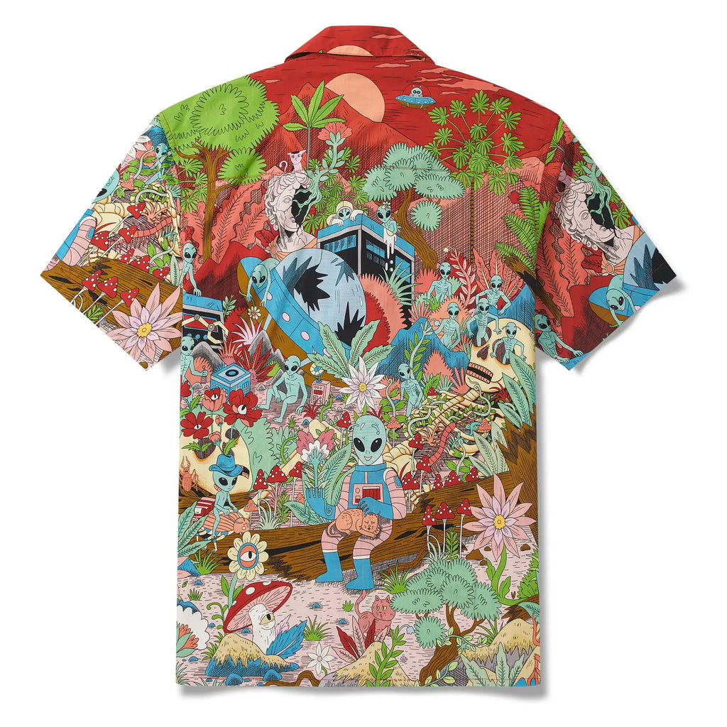 Men's Hawaiian Shirt Short Sleeve Camp Collar 100% Cotton Green Aloha Alien Galactic Garden By Huan huan