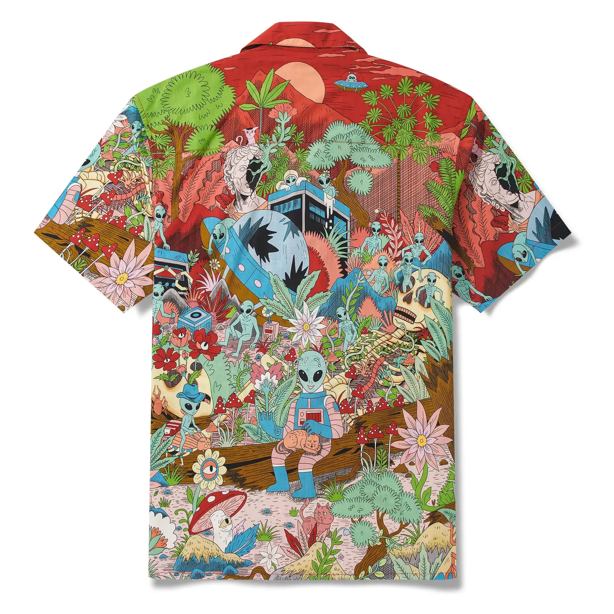 Men's Hawaiian Shirt Short Sleeve Camp Collar 100% Cotton Green Aloha Alien Galactic Garden By Huan huan