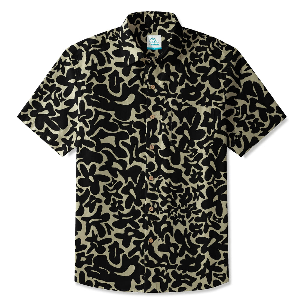 LeosWare® Men's Hawaiian Shirt Short Sleeve Button-up 100% Cotton Black Aloha Minimalist Black Brown Florals By Huan huan