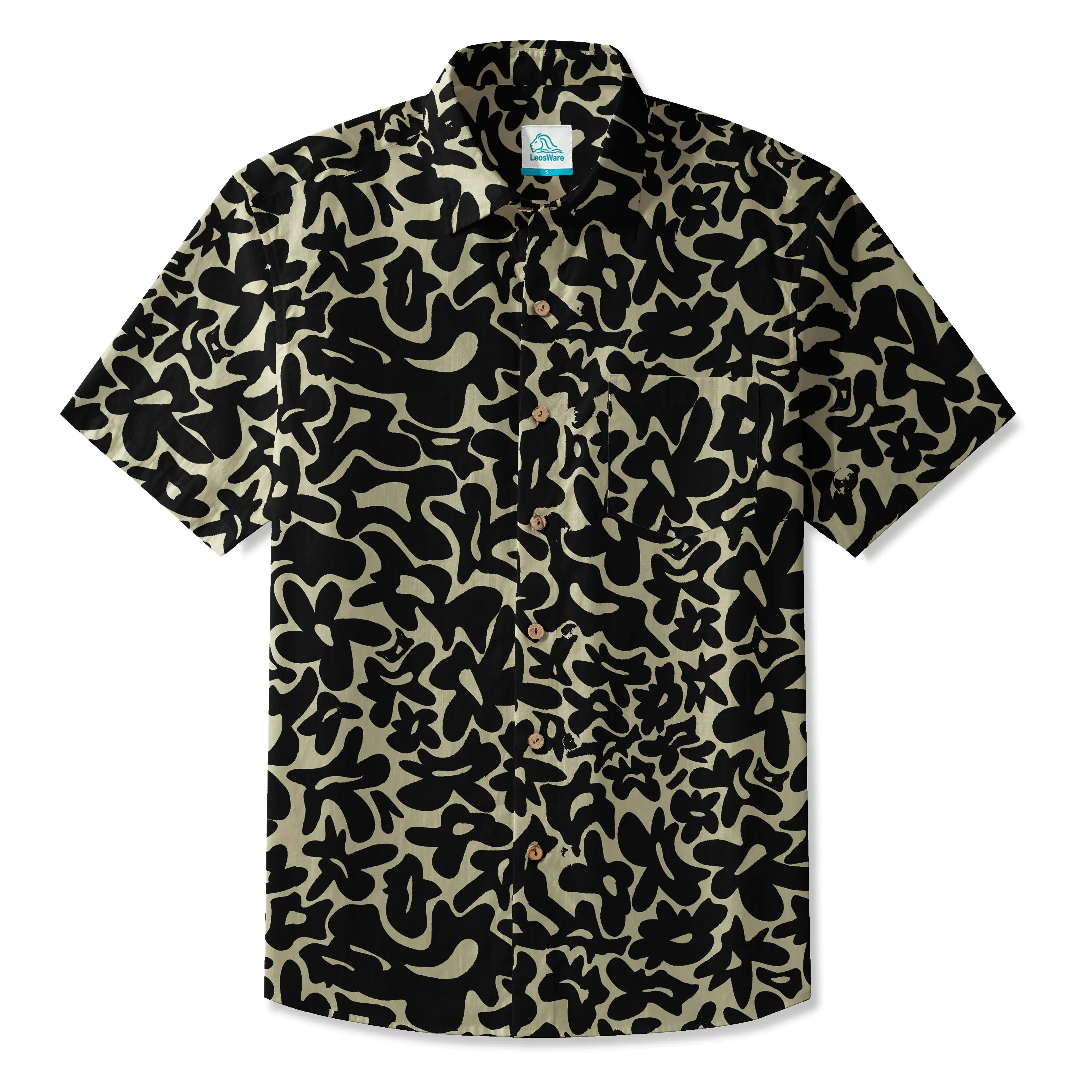 LeosWare® Men's Hawaiian Shirt Short Sleeve Button-up 100% Cotton Black Aloha Minimalist Black Brown Florals By Huan huan