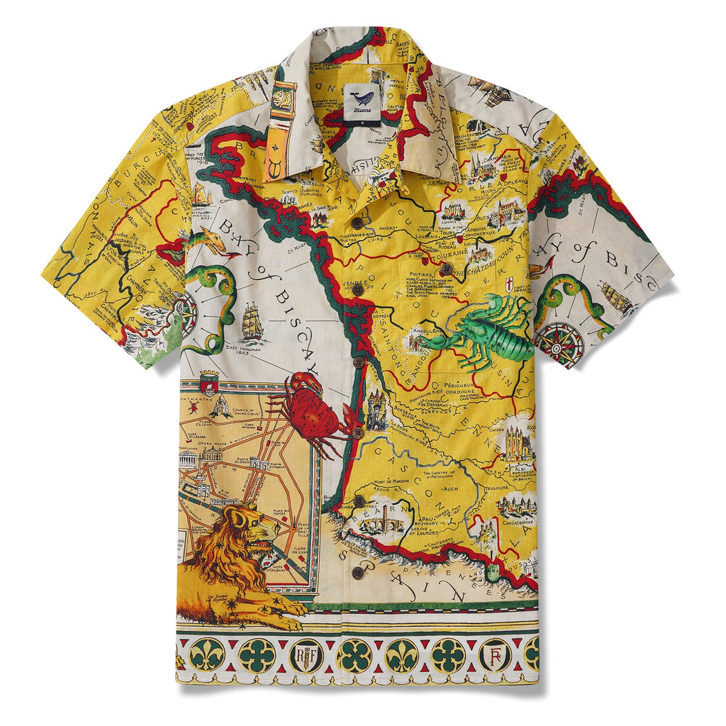 Men's Hawaiian Shirt Short Sleeve Camp Collar 100% Cotton Yellow Aloha Vintage Map By DUDU