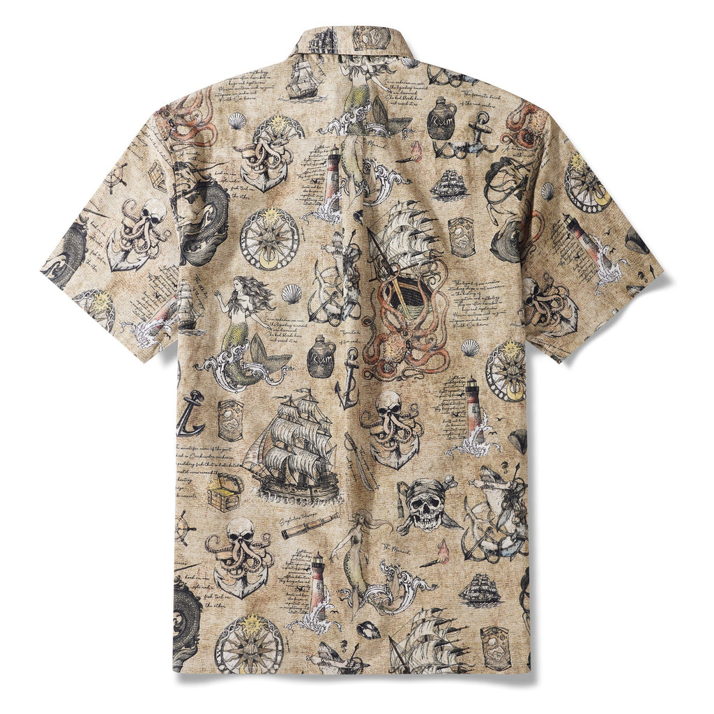Men's Hawaiian Shirt Short Sleeve Button-down 100% Cotton Beige Aloha Pirate’s Log: The Sea Monster By Yakima