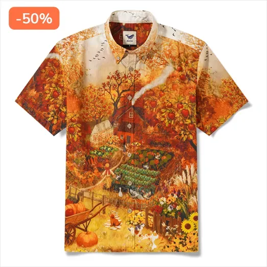 Chemise Hawaiian pour Homme à Manches Courtes Boutonnée 100% Coton Jaune Aloha Charme d'Automne Campagne Chute Pomme Chat Chien Jardin Campagne Récolte Par Huan huan