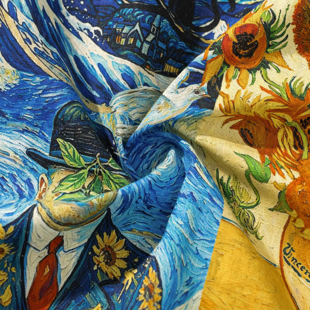 Men's Hawaiian Shirt Short Sleeve Camp Collar 100% Cotton Blue Aloha Starry Night Cat Fantasy By Mo