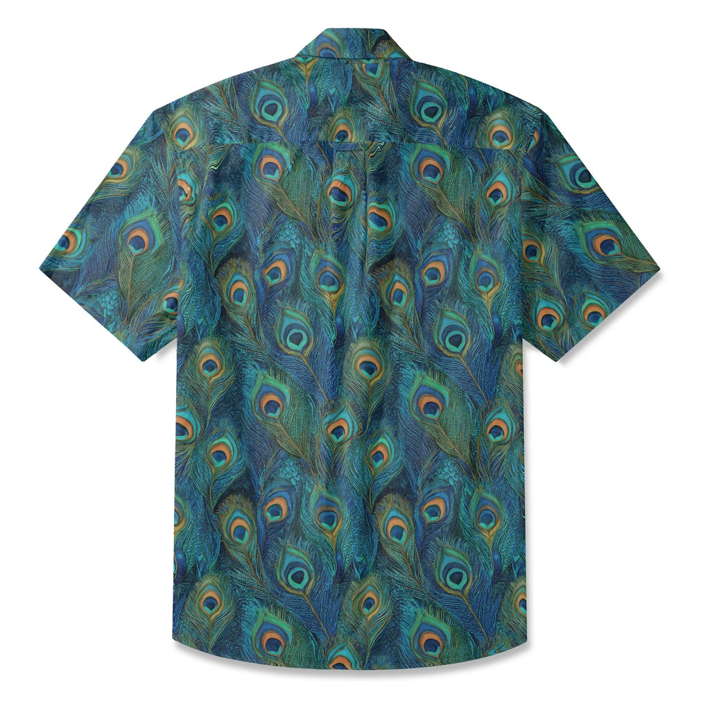 LeosWare® Peacock Men's Hawaiian Shirt Short Sleeve Button-up 100% Cotton Blue Aloha Indigo Feathered Elegance By Ann