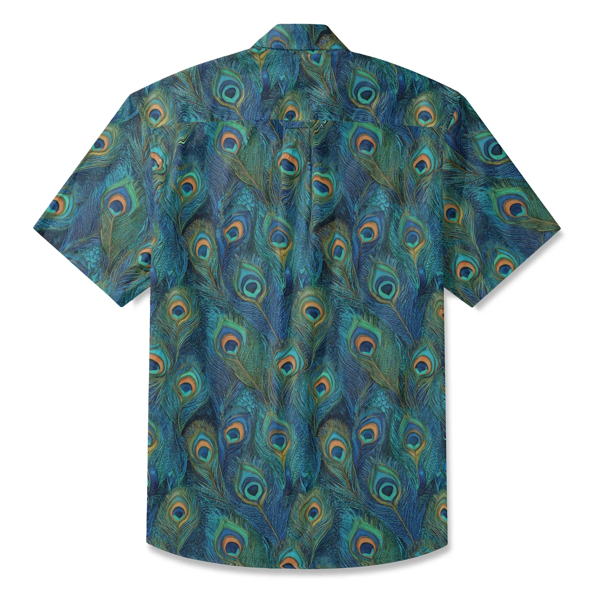 LeosWare® Peacock Men's Hawaiian Shirt Short Sleeve Button-up 100% Cotton Blue Aloha Indigo Feathered Elegance By Ann