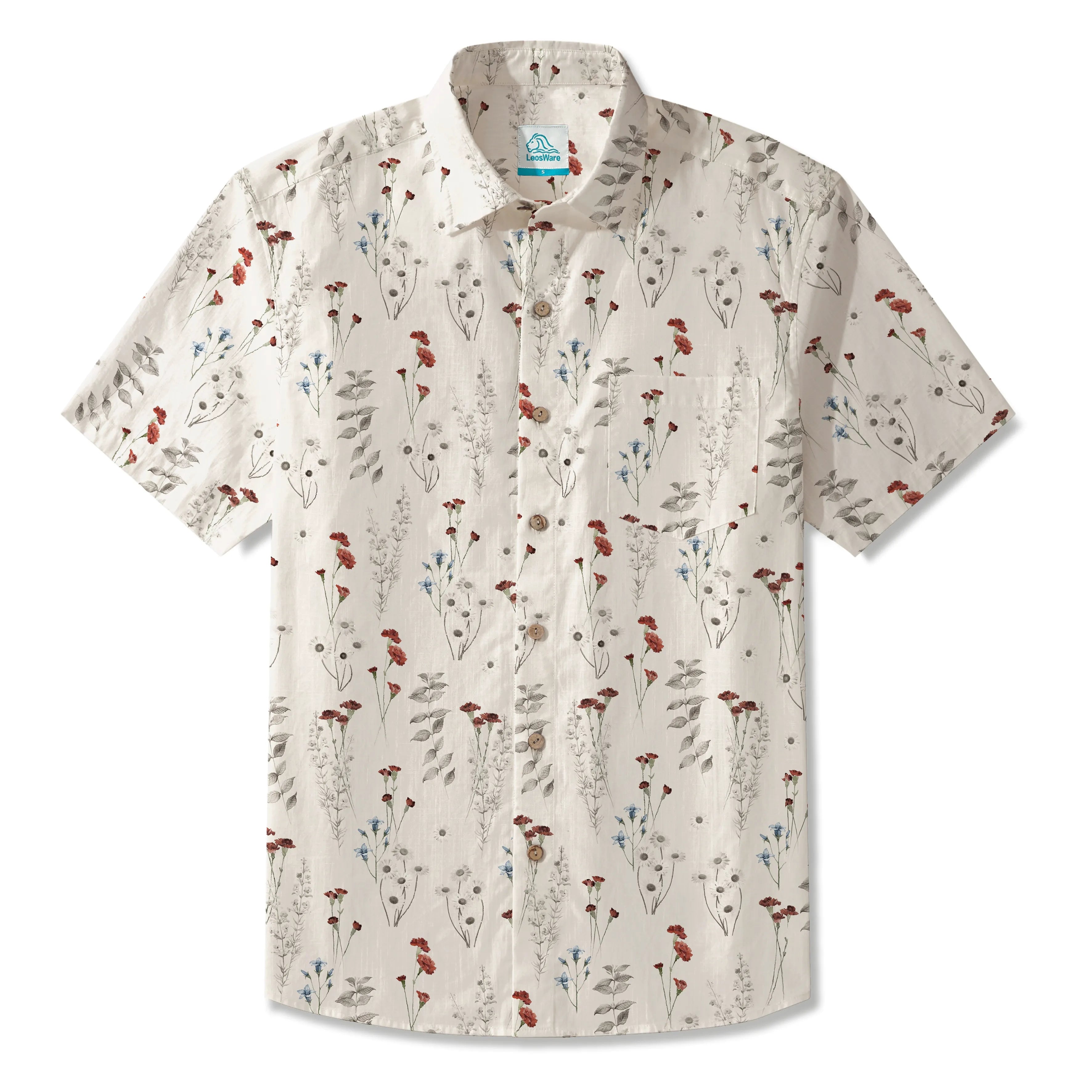 LeosWare® Men's Hawaiian Shirt Short Sleeve Button-up 100% Cotton Beige Aloha Field Of Wildflowers By Patch