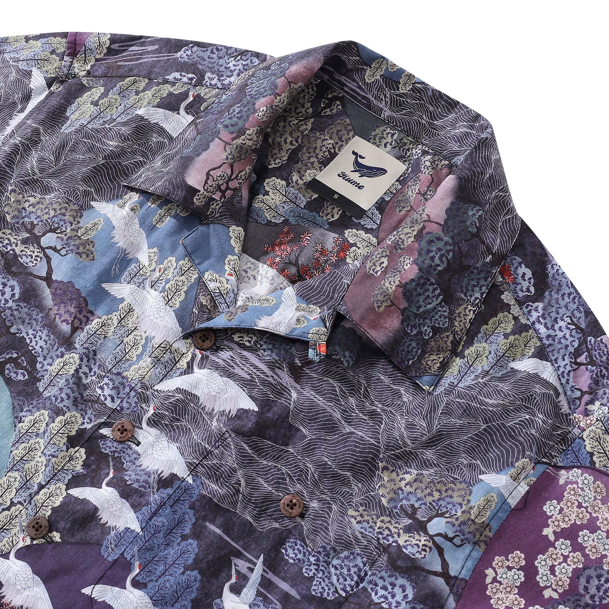 Men's Hawaiian Shirt Short Sleeve Camp Collar 100% Cotton Purple Aloha Twilight Cranes 1950s Vintage By Sylvia