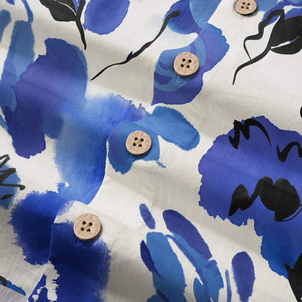 LeosWare® Men's Hawaiian Shirt Short Sleeve Button-up 100% Cotton Blue Aloha Ink Blue Florals By Huan huan