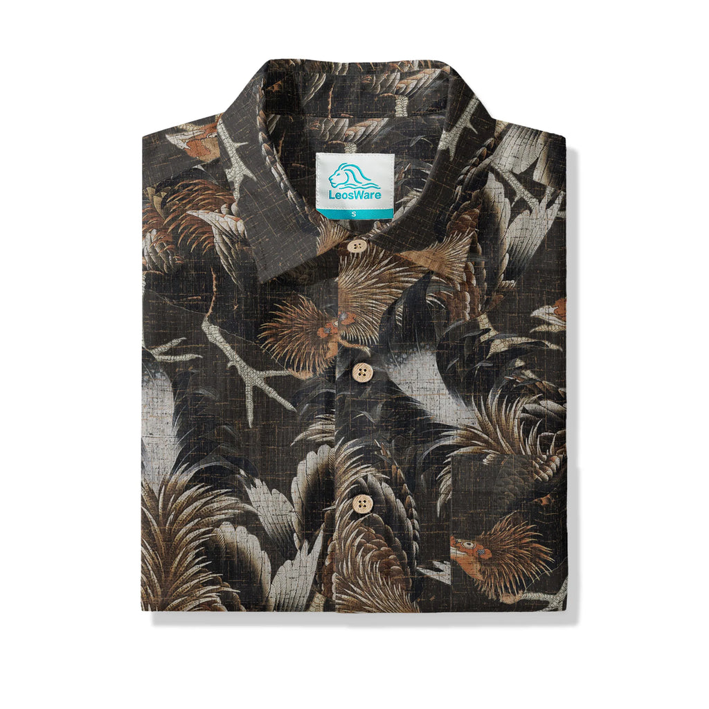 LeosWare® Men's Hawaiian Shirt Short Sleeve Button-up 100% Cotton Aloha Ancient-pattern Rooster Ode By Dudu