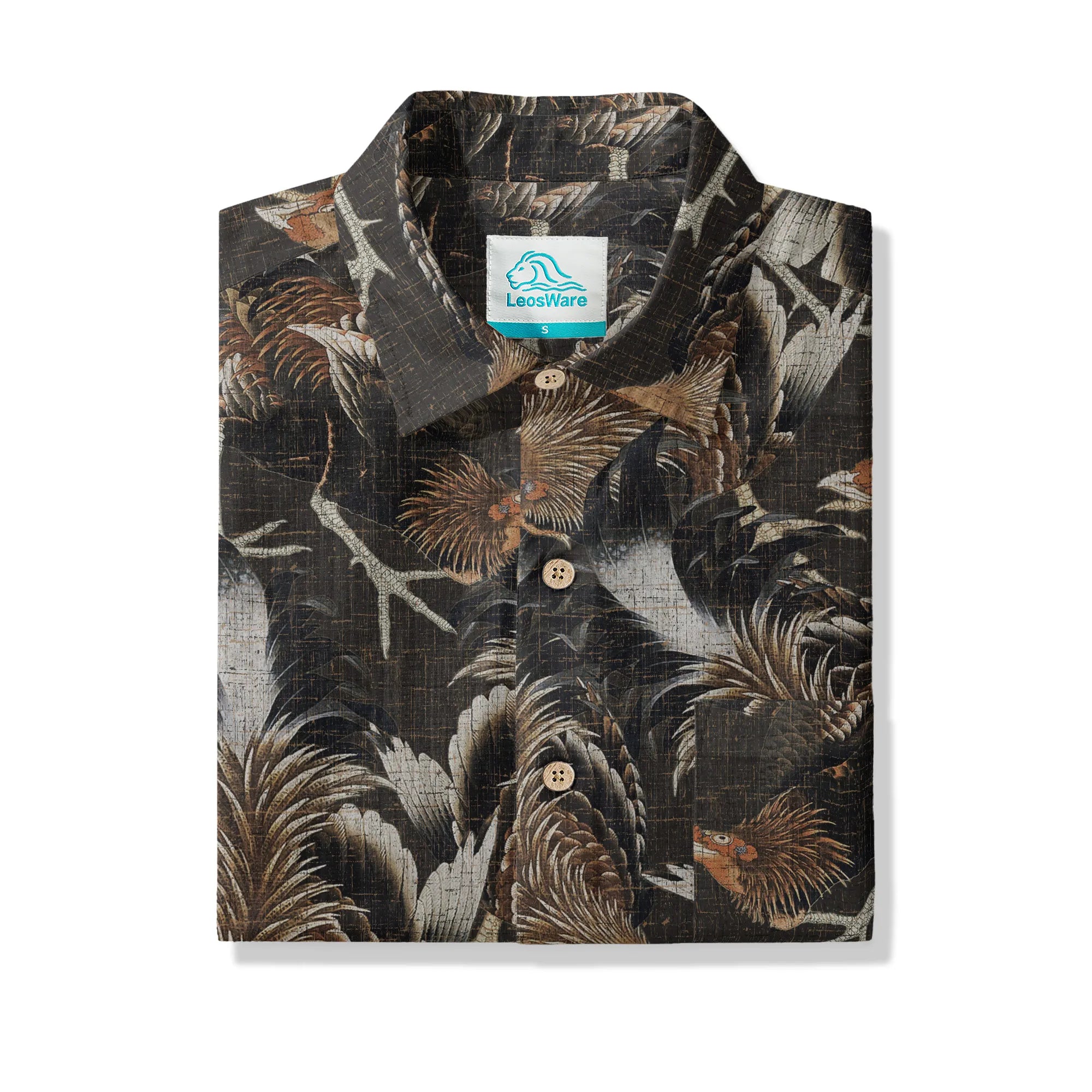 LeosWare® Men's Hawaiian Shirt Short Sleeve Button-up 100% Cotton Aloha Ancient-pattern Rooster Ode By Dudu