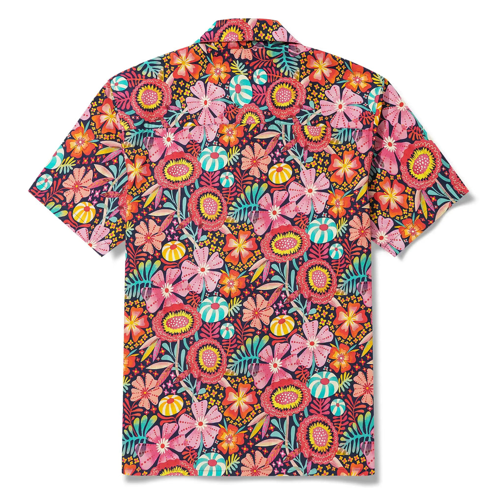 Men's Hawaiian Shirt Short Sleeve Camp Collar 100% Cotton Blue Aloha Multicolor Super Bloom By Uta Krogmann