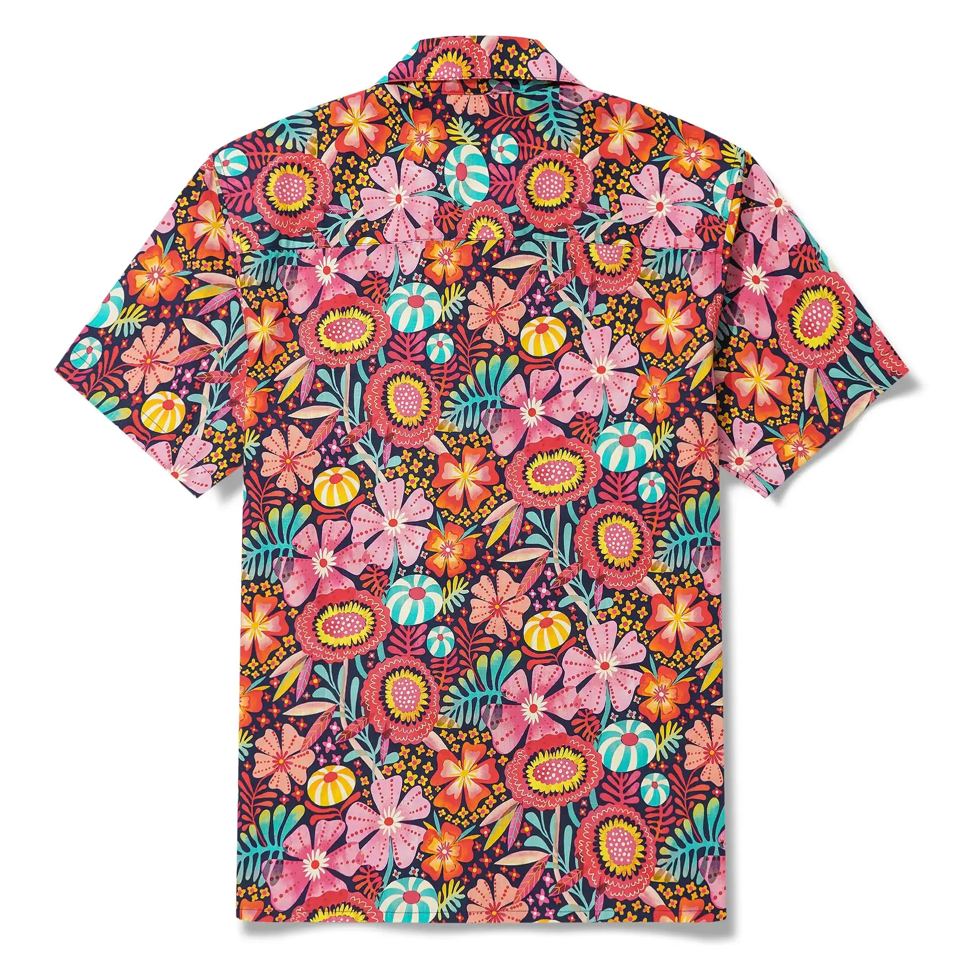 Men's Hawaiian Shirt Short Sleeve Camp Collar 100% Cotton Blue Aloha Multicolor Super Bloom By Uta Krogmann